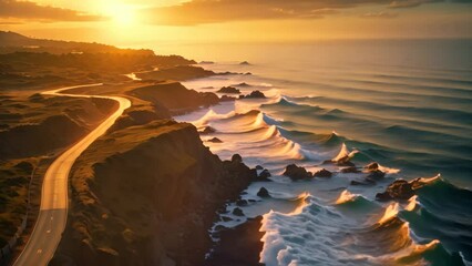 Canvas Print - Aerial view of a road leading to the Atlantic Ocean at sunset. aerial view of a road going along the sea at sunset, AI Generated