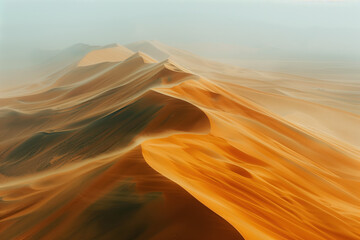 Poster - Misty sand dunes in a desert. Surreal landscape. Background image. Created with Generative AI technology.