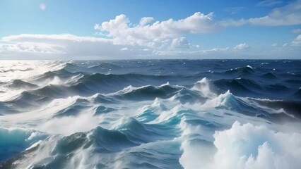 Wall Mural - Seascape with stormy sea and blue sky. Natural background, Atlantic ocean with blue water on a sunny day. Waves, foam and wake caused by cruise ship in the sea, AI Generated