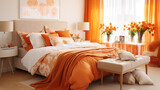 Fototapeta  - Jasna pomarańczowa przytulna sypialnia w stylu glamour - mockup. Jaskrawe pomarańczowe i białe kolory wnętrza. Render 3d. Wizualizacja