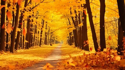 Sticker - Beautiful autumn landscape with road in the forest and yellow leaves. Autumn forest scenery with road of fall leaves & warm light illumining the gold foliage, AI Generated