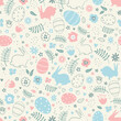 Easter Seamless Pattern with Easter bunnies, eggs, flowers, hearts, leaves. Happy Easter Abstract design. Vector illustration on beige