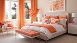 Fototapeta  - Jasna pomarańczowa przytulna sypialnia w stylu glamour - mockup. Jaskrawe pomarańczowe i białe kolory wnętrza. Render 3d. Wizualizacja