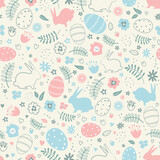 Fototapeta Panele - Easter Seamless Pattern with Easter bunnies, eggs, flowers, hearts, leaves. Happy Easter Abstract design. Vector illustration on beige