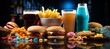 a table filled with various types of junk food, emphasizing their ultra processed nature and high calorie content.The composition should convey the concept of low nutritional value