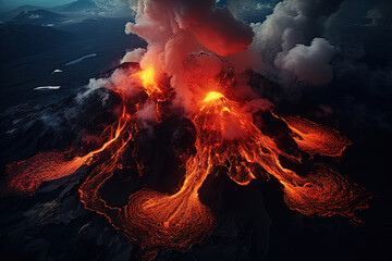 Wall Mural - volcano eruption from a bird view. volcano crater and magma flow shot from above. genertated ai.