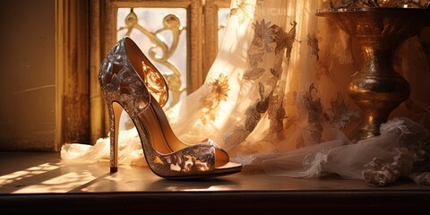 Wall Mural - Golden sunlight streaming through curtains casting a warm glow on elegant, jewel-encrusted bridal shoes