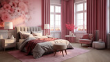 Fototapeta  - Jasna przytulna sypialnia w nowoczesnym stylu glamour - dekoracje na ścianie. Różowe i białe kolory wnętrza. Render 3d. Wizualizacja	