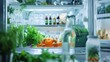 Stocked kitchen refrigerator with varied fresh produce and beverages. Home organization and healthy diet concept for design and print. Full interior shot with selective focus