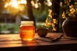 a jar of honey on a table