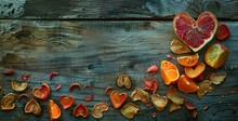 A symphony of citrus fruits: artfully arranged slices and peels of oranges and grapefruits on a rustic wooden background