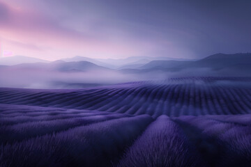 Poster - Misty lavender fields. Surreal landscape. Background image. Created with Generative AI technology.
