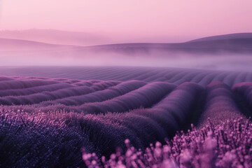 Poster - Misty lavender fields. Surreal landscape. Background image. Created with Generative AI technology.