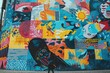 Person Walking in Front of Colorful Wall, A creative and colorful mural on a city wall, painted by young artists expressing fun and freedom, AI Generated