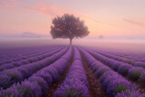 Fototapeta Lawenda - Misty lavender fields. Surreal landscape. Background image. Created with Generative AI technology.