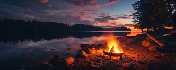 Poster - Glowing campfire by the lake. Sunset with open flames, fire, and logs. Camping on the beach at night. Serene lake landscape