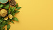 Various herbs and spices on a bright yellow background