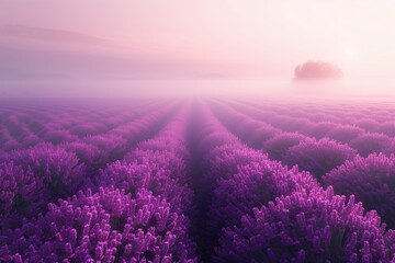 Poster - Misty lavender fields. Surreal landscape. Background image. Created with Generative AI technology.