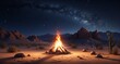Illustrate a campsite in the desert at night, with a bonfire illuminating the sandy landscape. Pay attention to the realistic depiction of the flickering flames, the starry sky above-AI Generative 