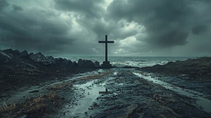 Dramatic stormy skies frame the rugged cross on Good Friday, setting a solemn and powerful scene.