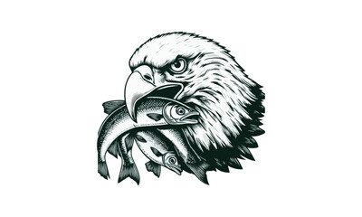 Wall Mural - eagle head mascot, eating, fish, 