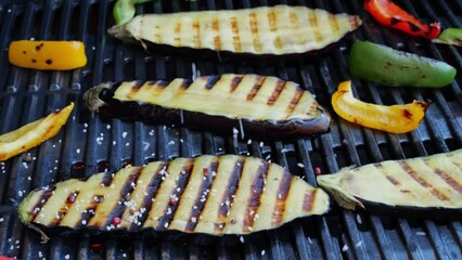 Poster - Eggplant grill with vegetables on a cast iron barbecue, sprinkle with spices. Slow motion