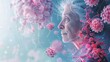 Digital art of an elderly woman with viral particles highlighting the concept of aging and susceptibility to infections