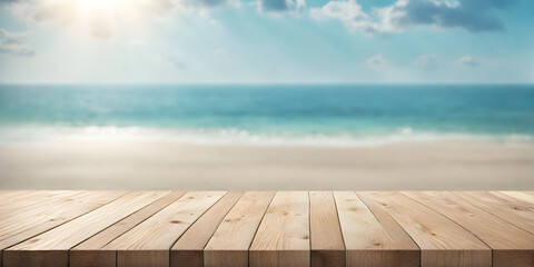 Wall Mural - Empty Wooden Table with Sunny Sea