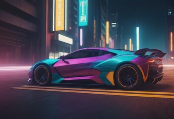 Wall Mural - Tuned Sport Car , cyberpunk Retro Sports Car On Neon Highway. Powerful acceleration of a supercar on a night track with colorful lights and trails