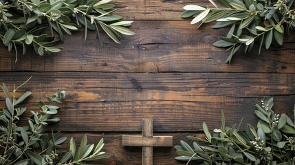 A serene Good Friday ambiance is set with a rustic border featuring a wooden cross and olive branches.