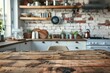 Vintage wooden table with a rustic appeal set against a backdrop of a modern kitchen Providing a perfect contrast and a blend of old and new for product displays or creative projects