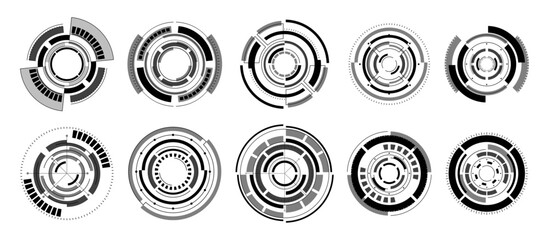 Black And White Hi-tech Circles. Futuristic Vector Techno Design Elements. Modern Technology Digital Interface Display