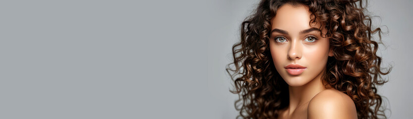 model girl with shiny smooth healthy hair with curly hair and glowing, tan skin natural beauty smoot