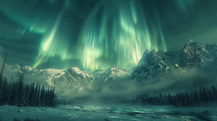 aurora borealis over the frosty forest. green northern lights above mountains. night nature landscap