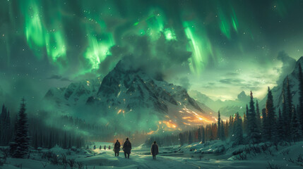 Aurora borealis over the frosty forest. Green northern lights above mountains. Night nature landscape with polar lights. Night winter landscape with aurora. Creative image. winter holiday concept.