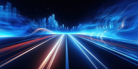 Sticker - Abstract road with blue light trails , data transfer speed and digitization concept