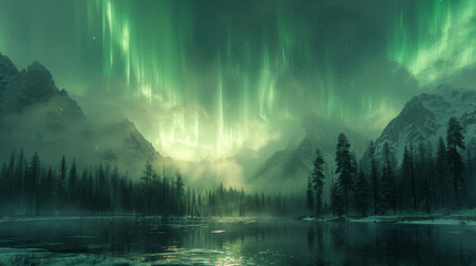 Aurora borealis over the frosty forest. Green northern lights above mountains. Night nature landscape with polar lights. Night winter landscape with aurora. Creative image. winter holiday concept.