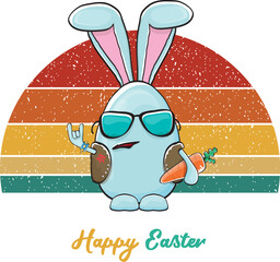 Wall Mural - Easter bunny badass and funny cartoon character with bunny ears isolated on vitnage sun. rock n roll easter party poster or happy easter greeting card with blue rabbit