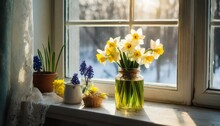 Spring Daffodils And Hyacinth Bouquet In Window. Spring Yellow Daffodils And Purple Hyacinth Bouquet In A Jar In Rustic Sunny Window