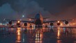 Majestic airliner on wet tarmac during a rainstorm. Rain-drenched airport scene with illuminated aircraft. Evening arrival of a passenger jet in stormy weather.