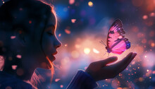 A Woman Releasing A Pink Butterfly Into The Sky, Symbolizing Transformation, Resilience And The Journey Towards Healing. Blue Bokeh Background With Free Space.