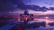 Airliner ready for departure on reflective wet runway. Twilight skies over airport create a tranquil flight scene. Aircraft poised for night travel under violet clouds.