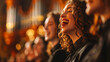 A church choir joyfully performs, their faces alight with passion and harmony