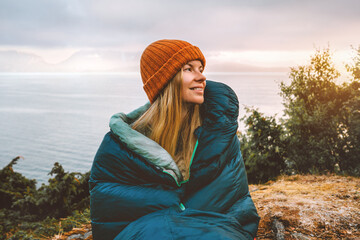 woman traveling outdoor camping vacations girl in sleeping bag hiking solo active tourism female tou