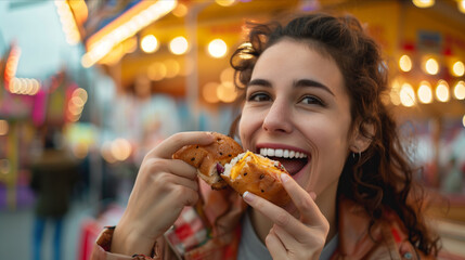 Caucasian woman holding fast food in two hands at carnival.