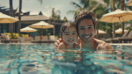 Caucasian father and daughter playing in swimming pool at hotel.