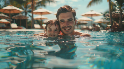 Caucasian father and daughter playing in swimming pool at hotel.