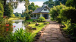 A charming small house nestled by the tranquil lakeside, surrounded by a meticulously manicured garden, creating a picturesque and serene setting.