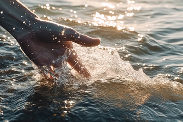 Wall Mural - A mans hand tenderly reaches out to touch the water, connecting with natures serenity and tranquility in a harmonious moment of contemplation.