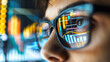 © KaiTong - Macro shot of a woman wearing glasses with financial graphs and data analysis reflected in the lenses, concept of business insights